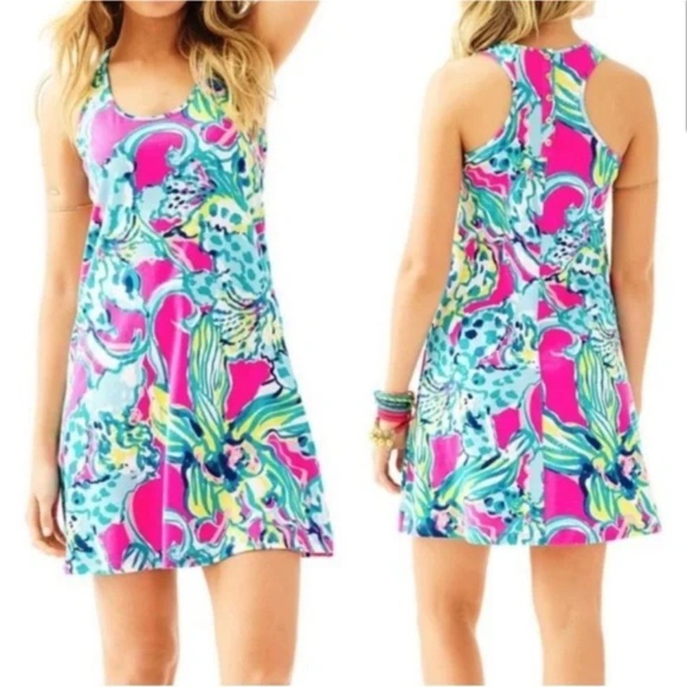 Lilly Pulitzer Melle Floral Print Racerback Mini Dress in Magenta Hottie - XS